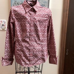 Talbots long sleeve blouse, size 12P. Cranberry/off-white print